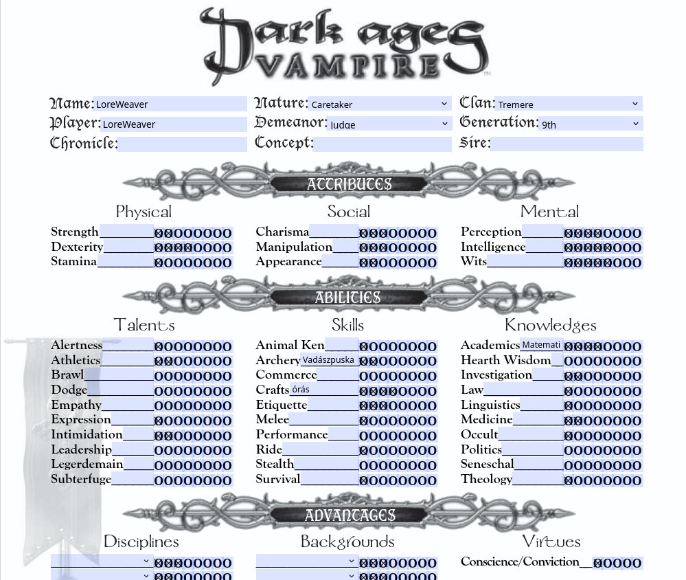 The Dark Ages – 4-Page Editable Character Sheet